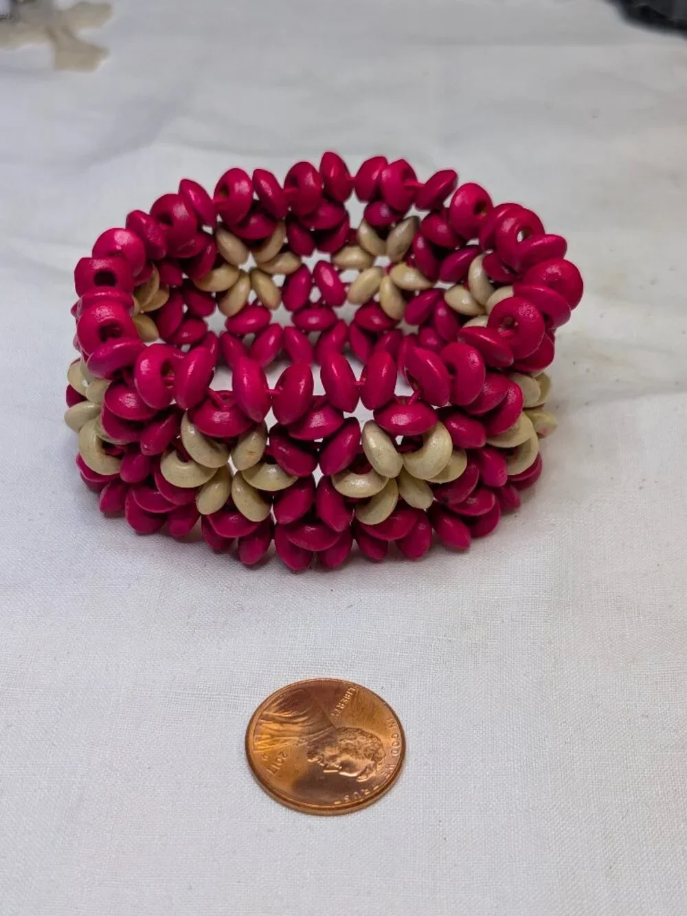 Fuchsia and Cream Wooden Floral Stretch Bracelet